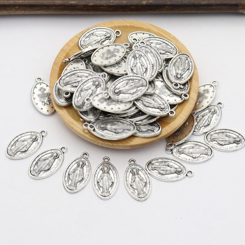 10pcs Antique Oval Shaped Medal Charm Virgin Mary Medal Pendant Alloy Catholic Charm Ornaments Jewelry Making Supplies