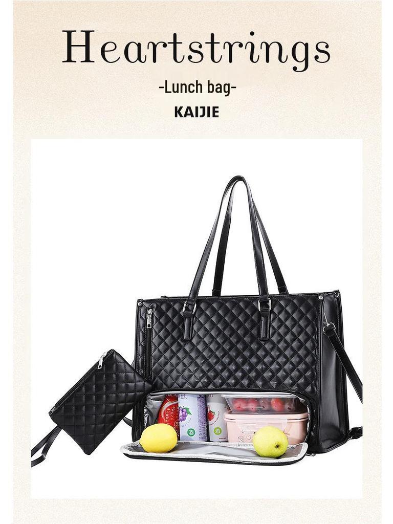 High-Quality Insulated Black Diamond Lattice Lunch Bag, Handbag, and Crossbody Tote
