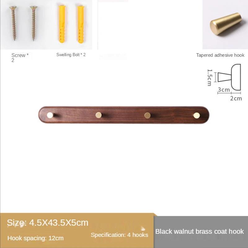 1pc Solid Wood Brass Coat Hook, Black Walnut Wood Coat Hanger, Clothing Hooks,Wall Mounted Storage Rack Drilling Installation