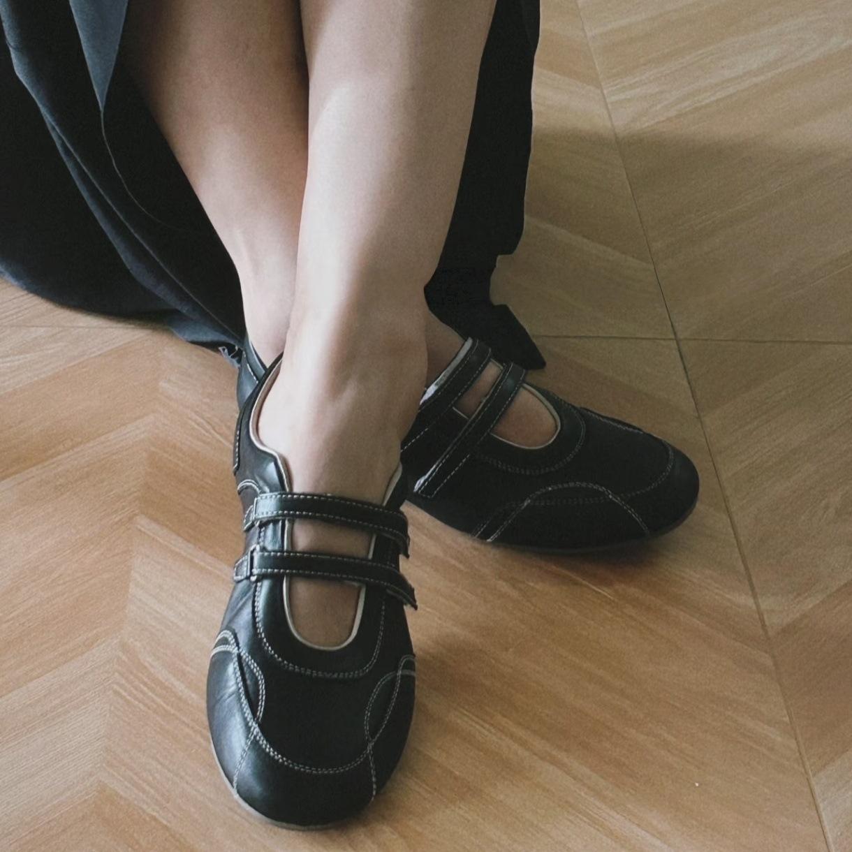 

Sheepskin version~ Velcro leather sports Mary Jane shoes versatile round head casual shoes women s flat ballet training shoes 35 чорний