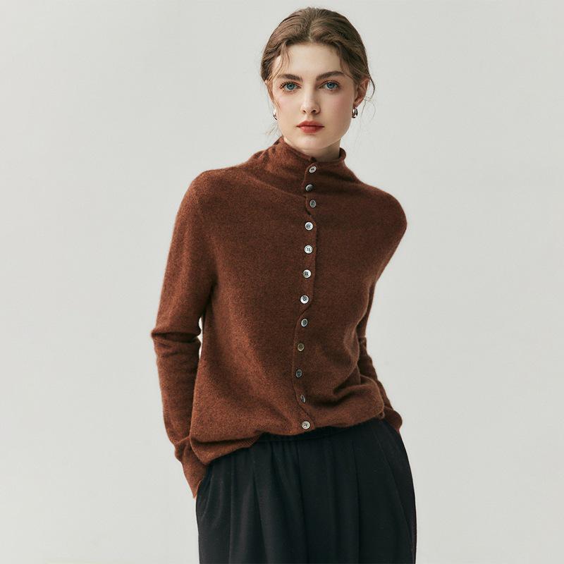 Damen Kaschmir-Strickjacke mit gerolltem Saum - Herbst/Winter Neuheit; Weicher, vielseitiger einreihiger Rollkragenpullover mit mehrknöpfigen langen Ärmeln