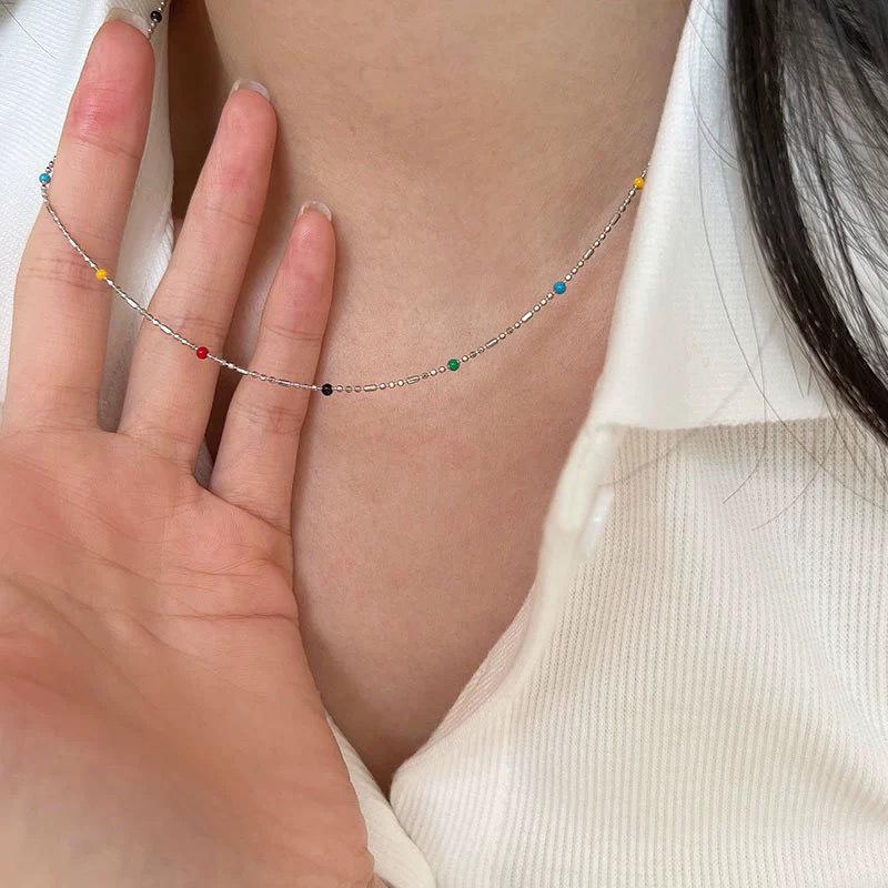 Dopamine Rainbow Bean Necklace: Women's High-End Round Bead Clavicle Chain