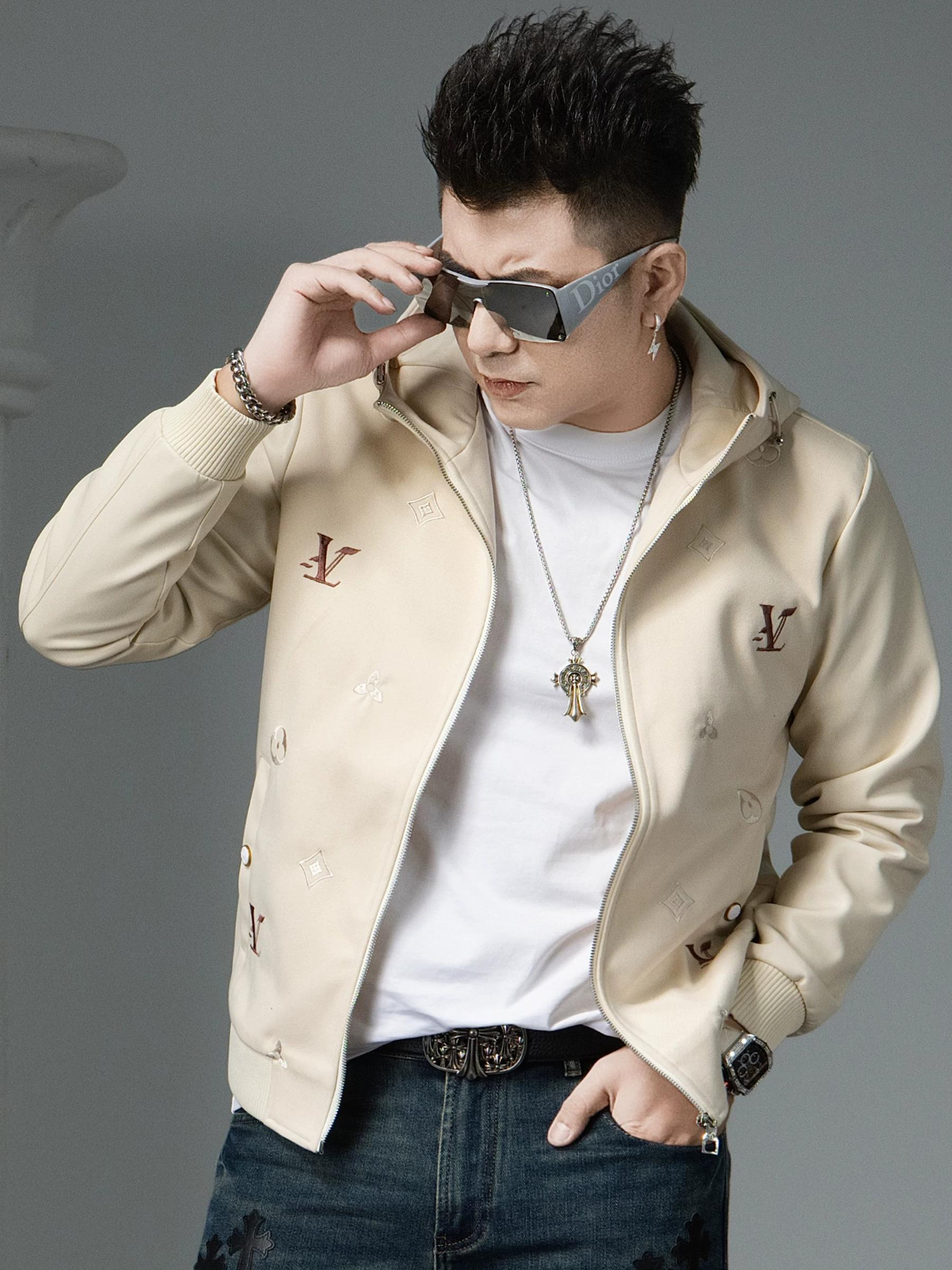 

European High-End Embroidered Hooded Jacket for Men, Autumn 2025 New Trendy Casual Windproof Men s Jacket L чёрный