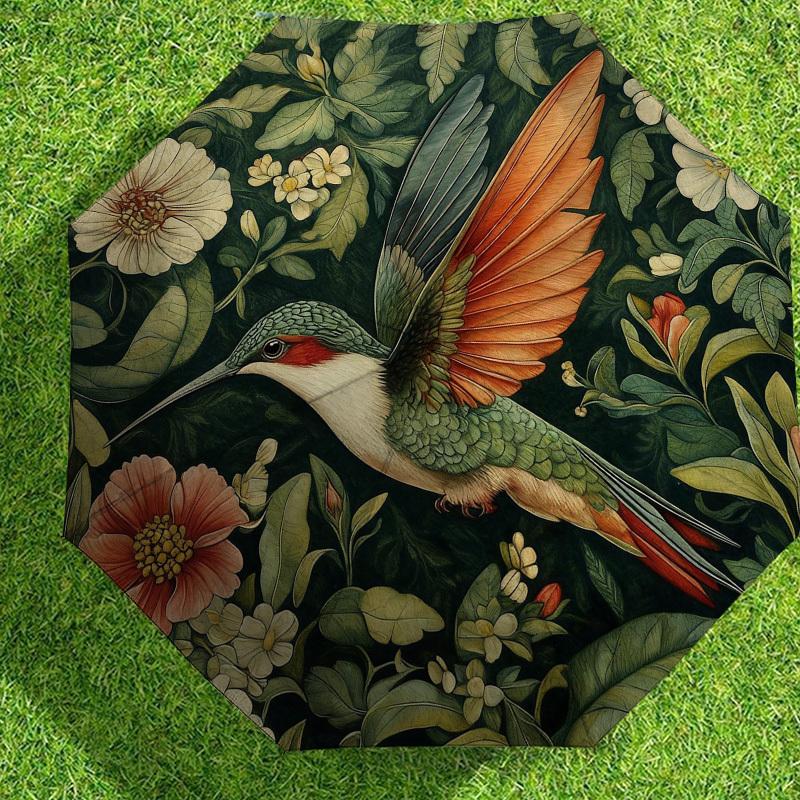 1pc Hummingbird Floral Automatic Folding Umbrella, Heavy Duty 8 Rib Iron Frame,  Suitable for Travel, Daily Use, Birthday, Decor Gift M0104069