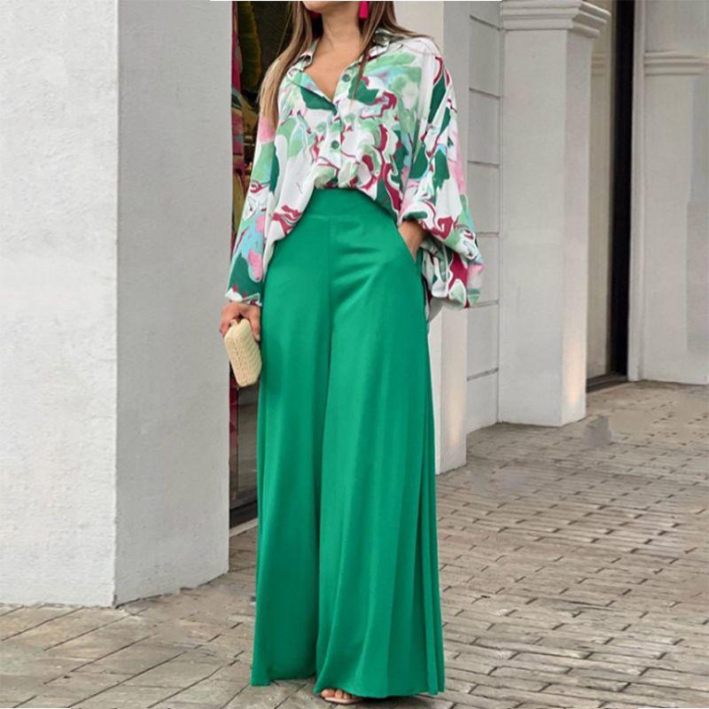 Casual Two Piece Sets Women Loose Casual Print Shirt Tops Loose Pants Two-piece Set