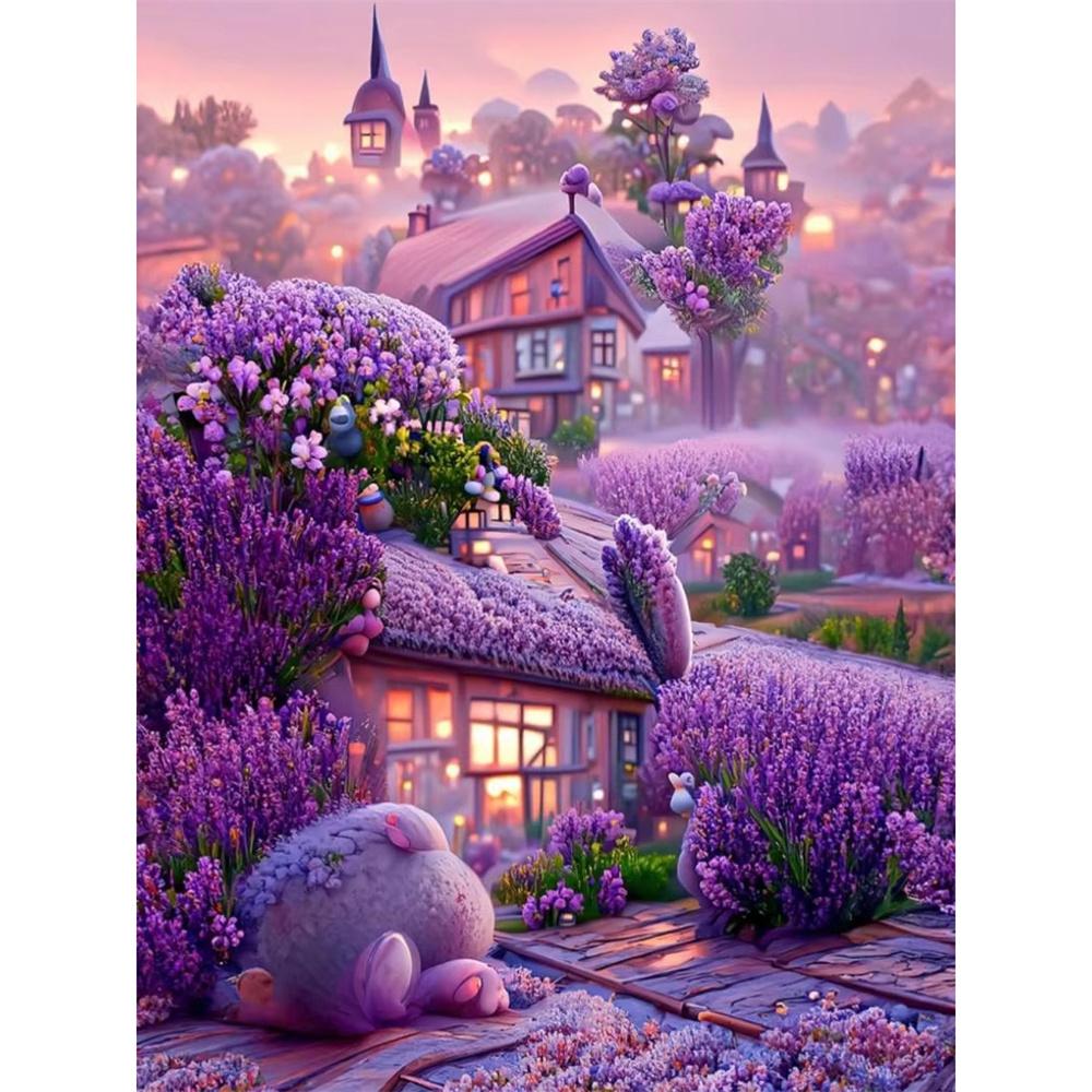 

5D DIY Алмазная картина Красивый лавандовый дом и ландшафт Мозаика Алмазная вышивка Картина Полный Декор для дома со стразами Round 20x30cm