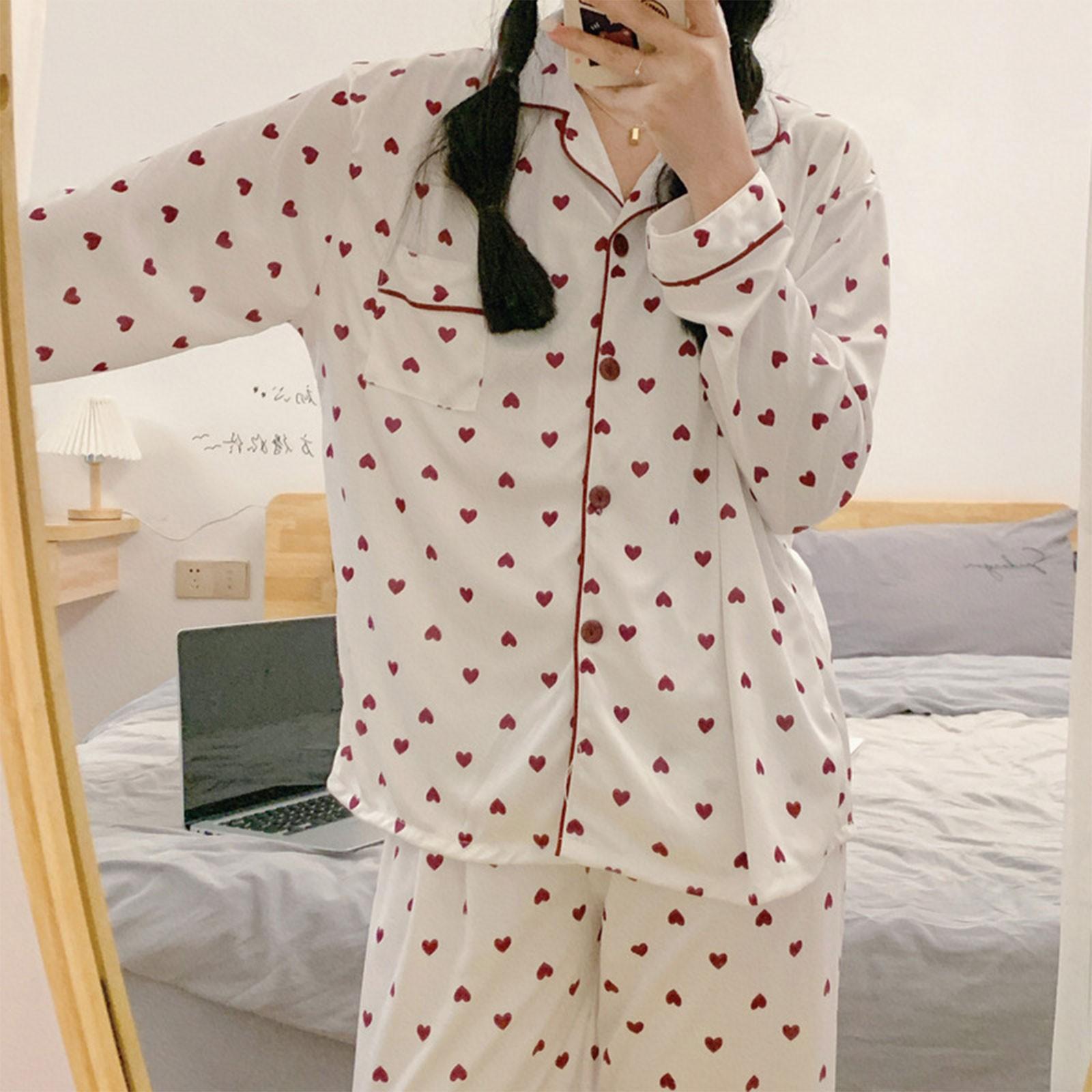 

Pajamas Women s Button Cute Long Sleeve Pants Cartoon Home Suit Set L білий
