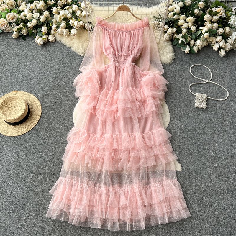 

French Style Ruffles Cake Dress off-Shoulder Mesh Pink One size