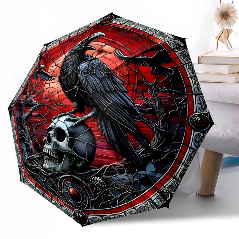 Stained Glass Raven Automatic Umbrella Sturdy 8-Rib Shaft Durable Plastic & Iron for Women/Men Elegant Umbrella Stylish Gift for Women