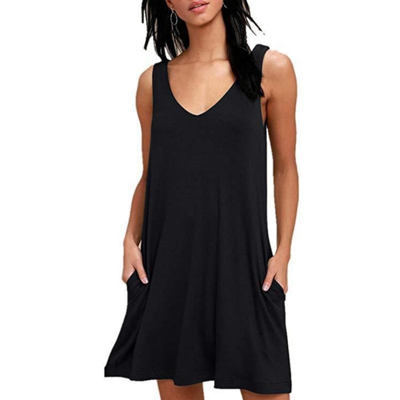 Summer Women's Dress V-neck Sleeveless Loose Casual Pocket Dresses