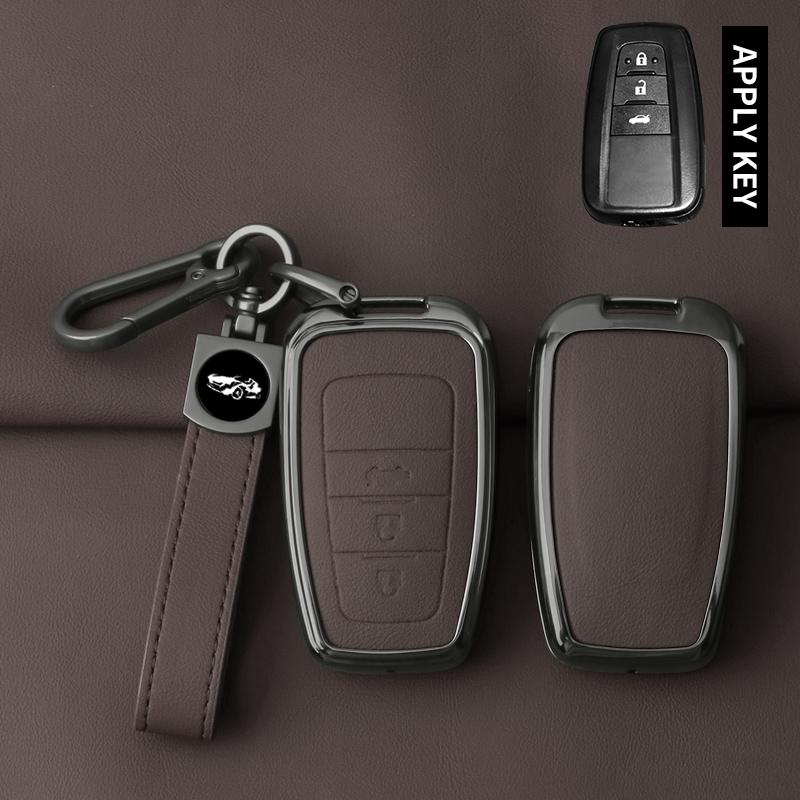 Metal Leather Car Key Case Cover For Toyota Prius Camry Corolla CHR C-HR RAV4 Land Cruiser Prado Protected Shell Keychain Fob