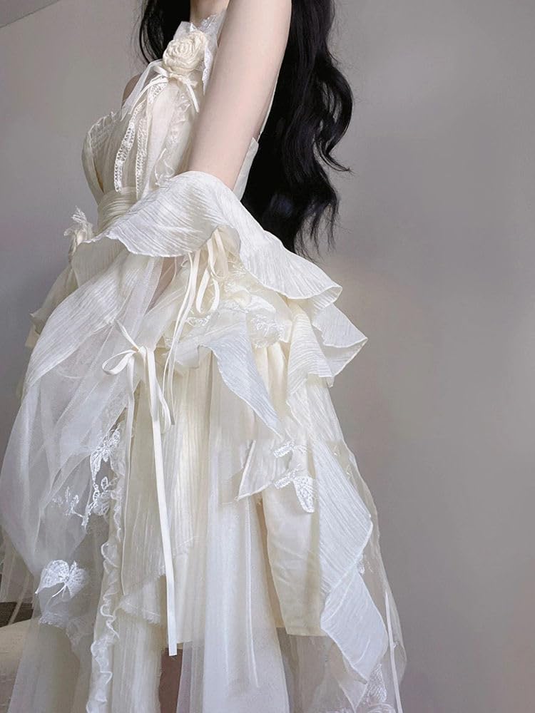 Lady Lazy Lolita with Arm Cream Dress, Sleeveless, Cosplay, White, Asymmetrical, Knee-Length, Covers,