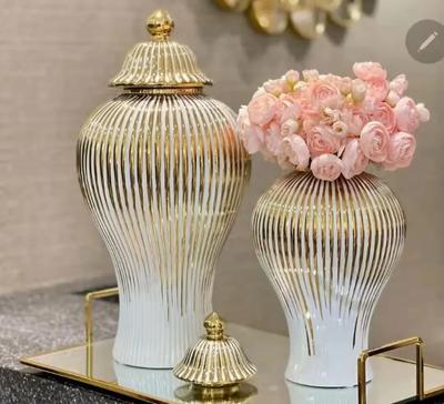 Keramikvase, Universalgefäß mit Deckel, goldenes Streifendekor, Ingwerglas, Vorratsflasche, Desktop-Porzellan-Ornamente, Wohndekor-Vase