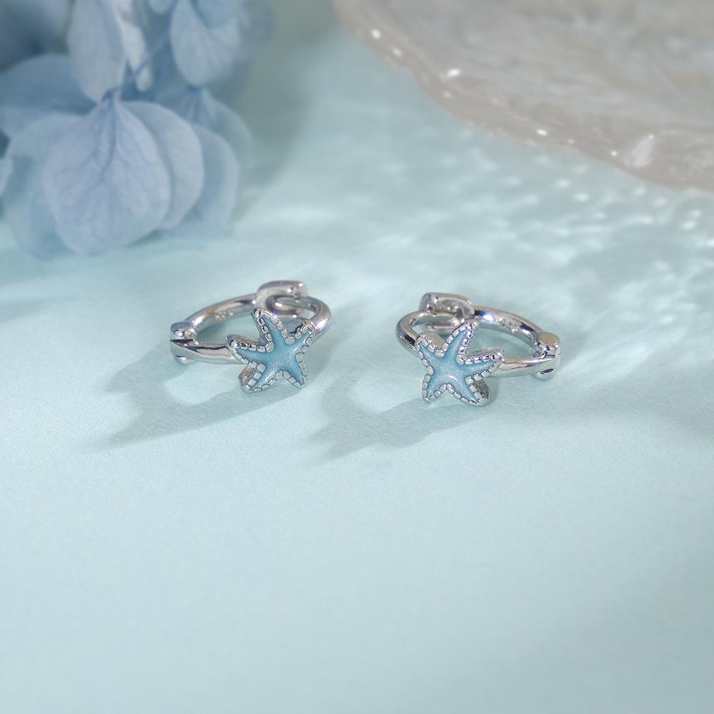Blue Dripped Glaze Starfish Anti-loss Design Earrings: Creative Childlike Five-point Star Ear Cuffs, 2026 New Style