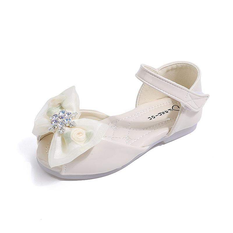 Girl's Fish Mouth Shoes with Rose Appliques Party Sandals for Kids Nice Rhinestone Star Sandals Bow-tie Students Footwear I10263