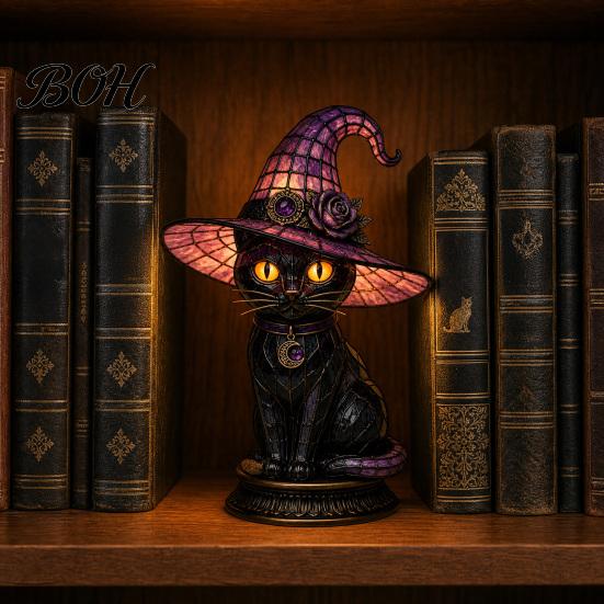 Witchy Home Decor Witch Hat Lamp, Stained LED Light, Halloween Table Lamp with Warm Glow, Gothic Vintage Style Night Light for Bedroom Mantel