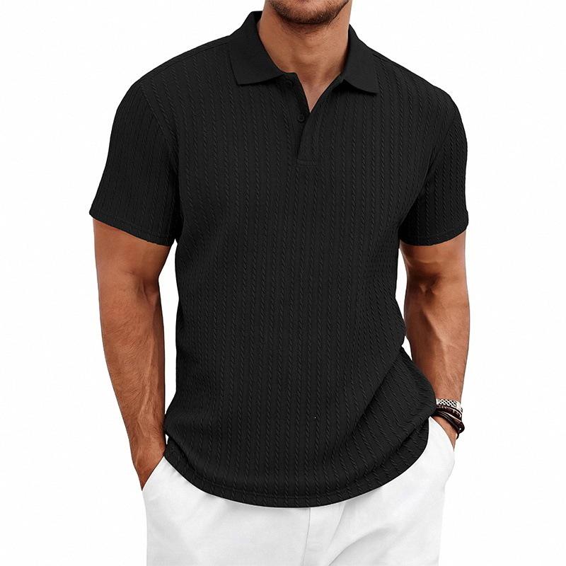 Men's Textured Vertical Stripe Polo Shirt - Summer Short Sleeve Lapel Tee, Breathable & Casual