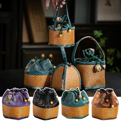 Handmade Spliced Drawstring Pocket with Handle Teapot Bag Rattan Pattern Storage Bag  For Small Cup