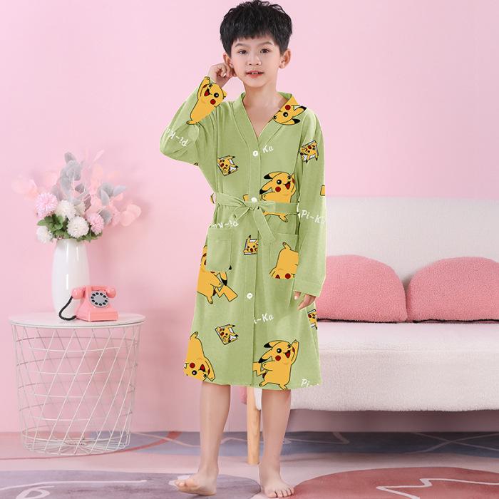Girls' Combed Cotton Long-Sleeve Pajama Robe - Spring/Summer Bathrobe for Kids, Cute Sleepwear for Middle and Big Girls