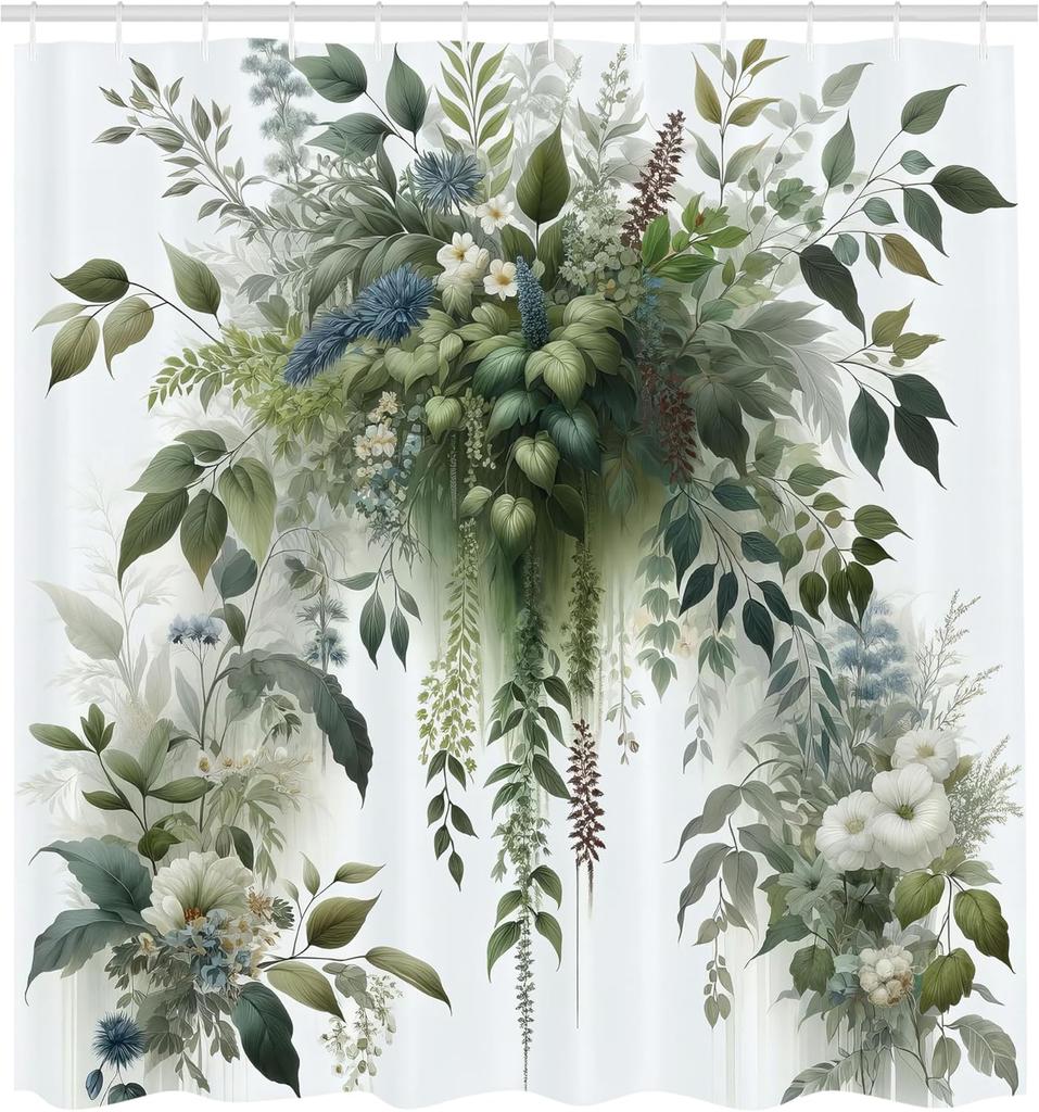 Green Shower Curtain, Dreamy Composition of Leaves Huddle with Tropical Boho Aura Sage Colors, Cloth Fabric Bathroom D