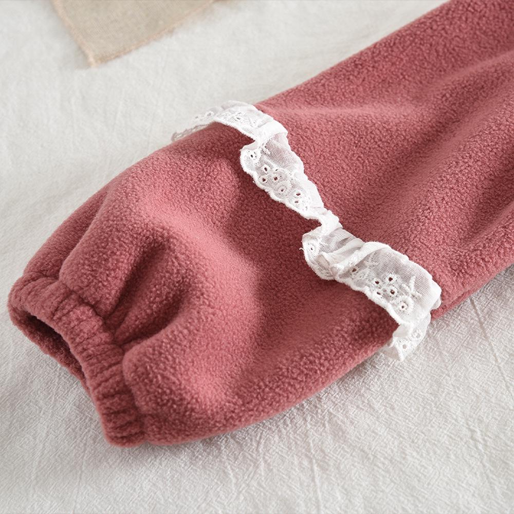 Winter Baby Girls' Cute Lace Lantern Sleeve Fleece Top & Long Pants Korean Style Two-Piece Set