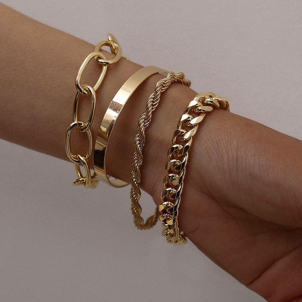 4Pcs Chunky Gold Stackable Bracelet Set Paperclip Curb Twisted Chain Smooth Bangle Minimal Layering Wrist Jewelry for Women