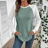 Women Waffle Patchwork Color Block Round Neck Long Sleeve T Shirt Top