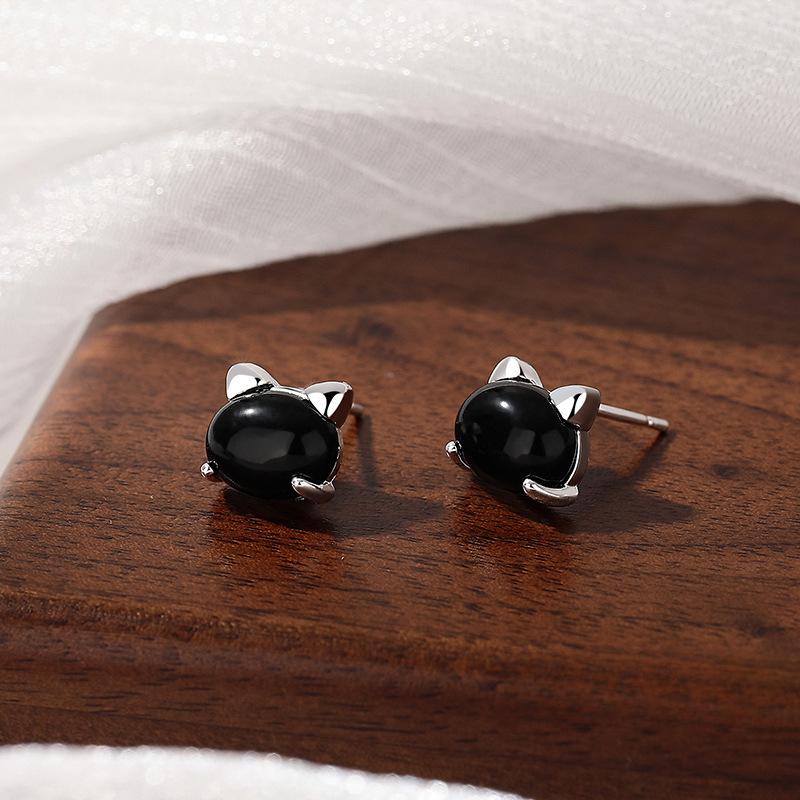 Cute Black Agate Cat Cat Head Earrings for Women Everyday Niche Design Student Earrings