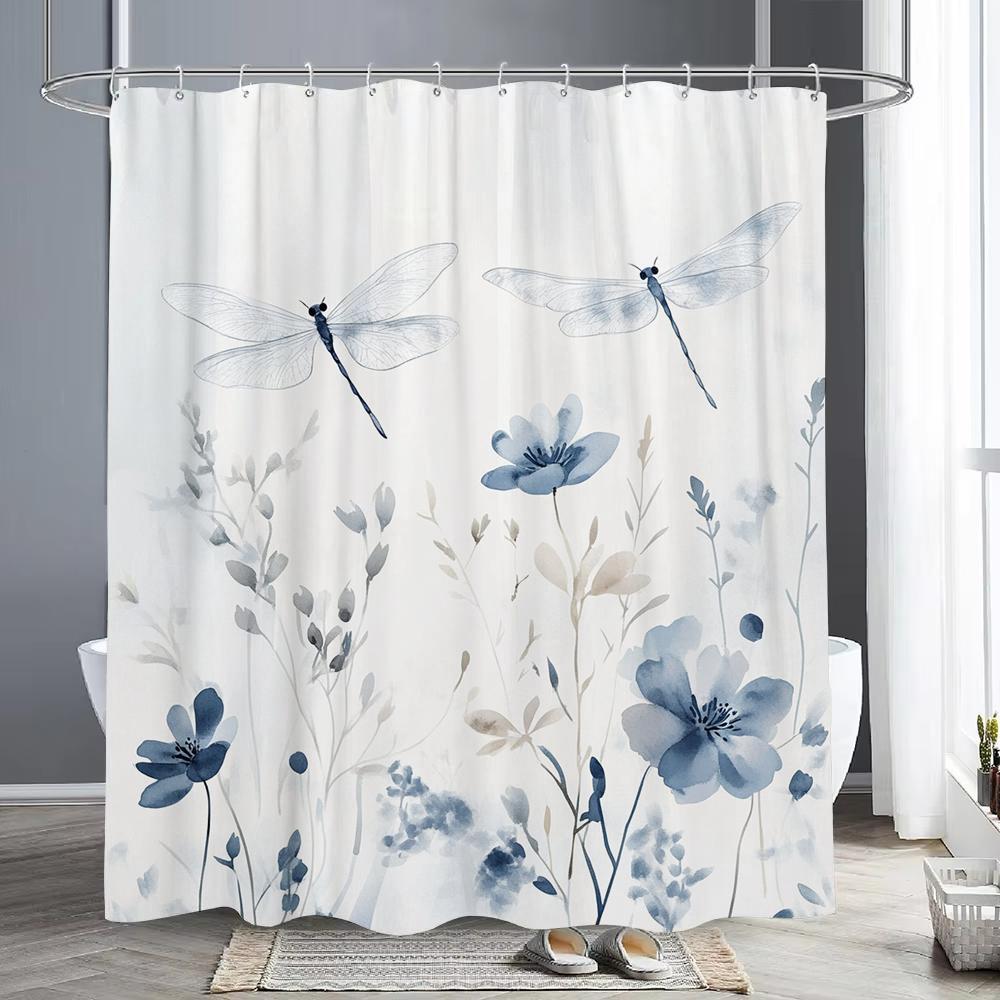 Blue Watercolor Floral Butterfly Shower Curtain, Bathroom Decorative Shower Curtain, Waterproof Shower Curtain with Hooks