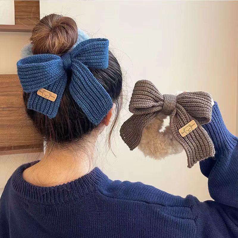 1pc Korean version of new large plush solid color yarn bow, Korean style girl hair loop, lazy style temperament, rubber band