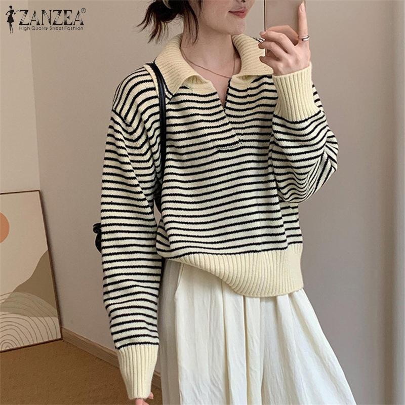 

ZANZEA Oversized Winter Women Lapel Neck Striped Long Sleeve Pullovers Jumpers Sweaters One Size абрикосовый