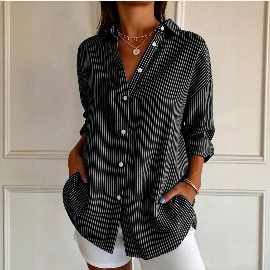 Women's Casual Loose Fit Long Sleeve Striped Shirt with Collar - Blouse Top for Everyday Wear