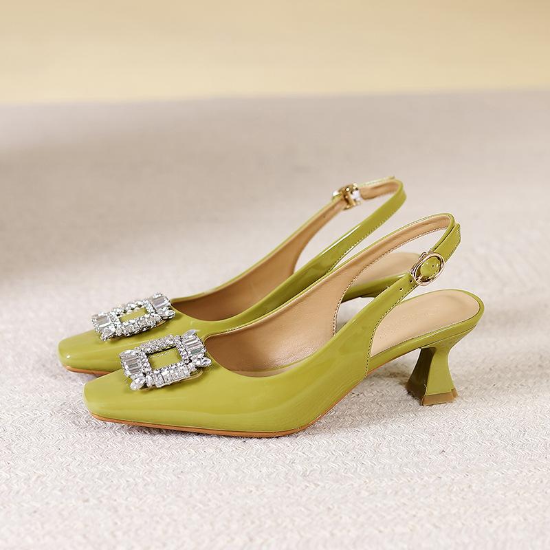 Baotou back empty sandals summer fashion 2025 new patent leather French square head single shoes rhinestone high heels stiletto