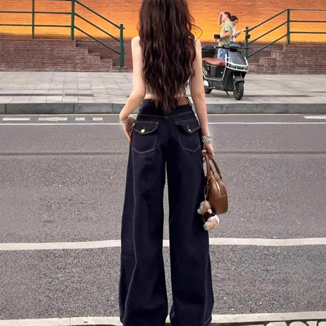 

2025 Retro High-Waisted Wide-Leg Denim Pants – Plus Size Slimming & Draping Casual Wear for Women S темно-синього кольору