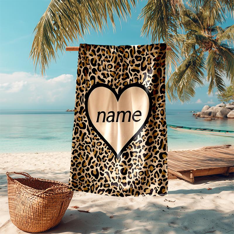 1PC Custom Name Leopard Heart Name Beach Towel Highly Absorbent And Sand-Resistant Towel for Swimming, Pool, Yoga, And Travel Lightweight