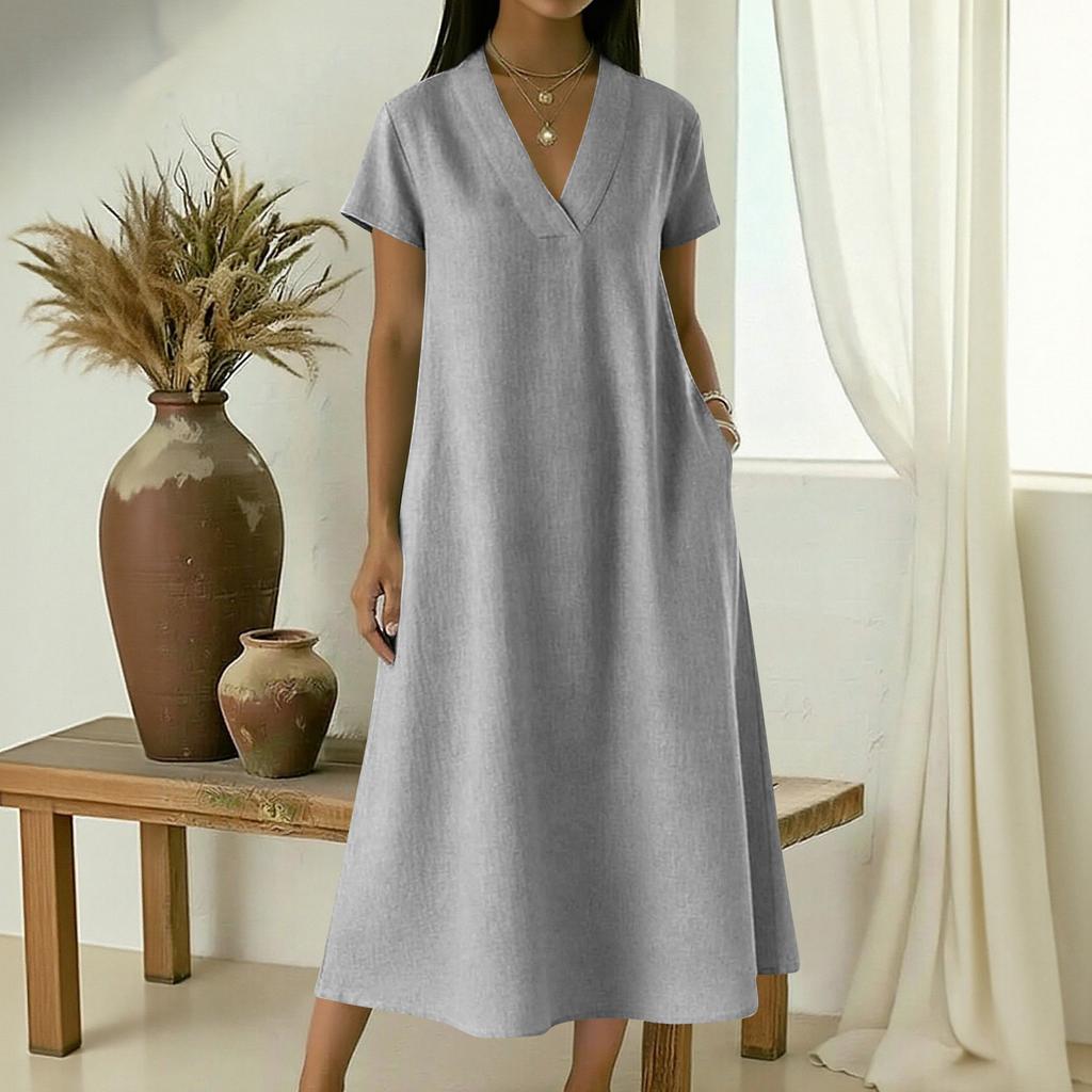 Women's V-neck Short-sleeved Mid-length Loose-fitting Dress With Large Pockets And Casual