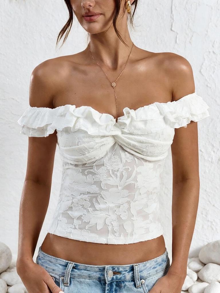 Damen Weißes Spitzen-One-Shoulder-Rüschen-Crop-Top mit Rückenausschnitt - Sommer Mode