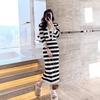 Womens Winter Knit Set: Striped Sleeveless Midi Dress Long Sleeve Cardigan Elegant French Chic Style Slim Fit