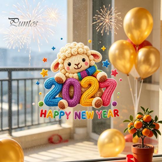 2027 Zodiac Year Ornaments Chinese New Window Stickers, Goat Static Clings, Reusable Glass Clings Crochet Knit Lamb Decor for Home Shop Seasonal
