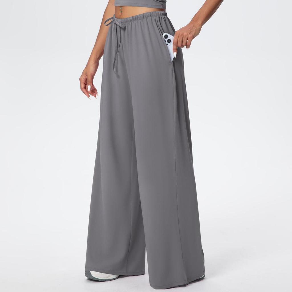 Women's Wide-Leg Brushed Fleece Pants with Drape Pockets and Elastic Drawstring