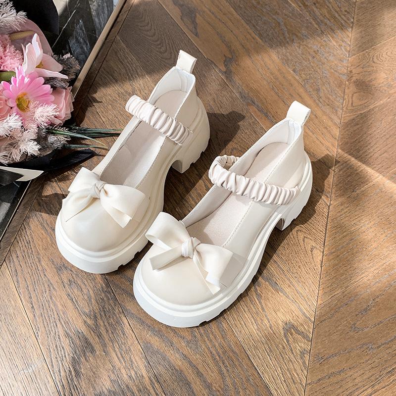 

Bow high heel with skirt French single shoes women s 2025 autumn new thick heel thick sole Mary Jane small leather shoes 40 бежевый