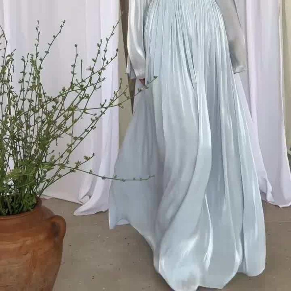 Women's Mock Neck Long Sleeve Maxi Dress Slim Fit High Waist Elegant Pleated Satin Formal Evening Midi Dress