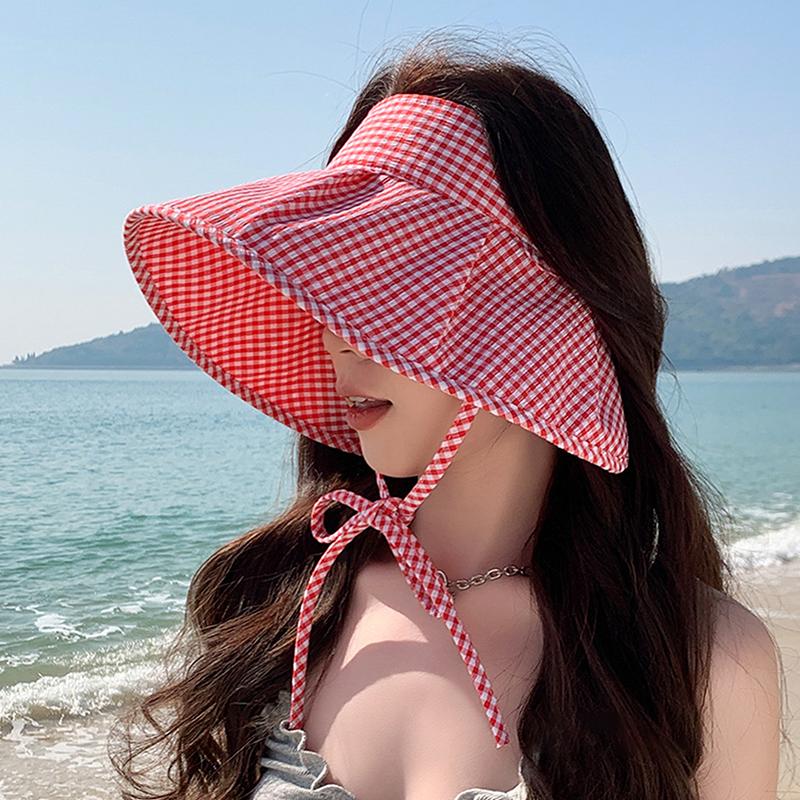 Summer Checkered Sun Hat Foldable Wide Brim Empty Top Beach Hat Breathable Uv Protection Women Sun Shade Visors