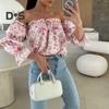 Koszula Damska Odkrywająca Ramiona Rozkloszowany Długi Rękaw Design Pulowerowe Topy Kwiatowy Nadruk Luźny Krój Koszula Casual Odzież Biurowa