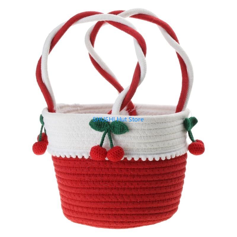 Handmade Cherry Portable Small Bag Cotton Thread Straw Woven Bags for Valentine‘s Day Girlfriend Gift Seaside D57B