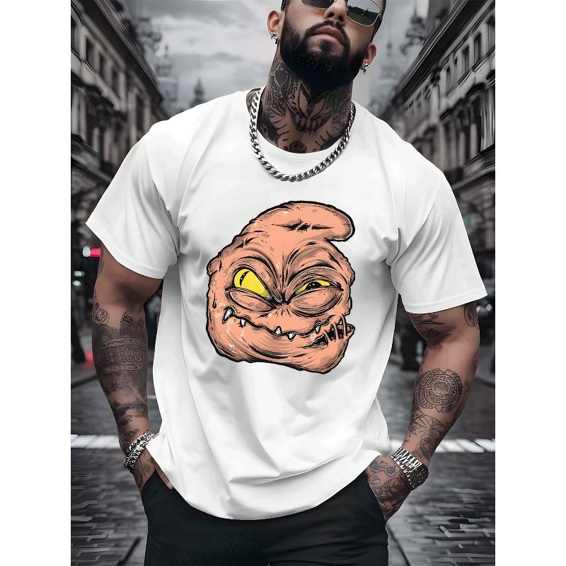 European Size Casual Black T-Shirt for Men Featuring a Cartoon Monster Graphic, Perfect for Street Style And Trendy Adult Male Fashion