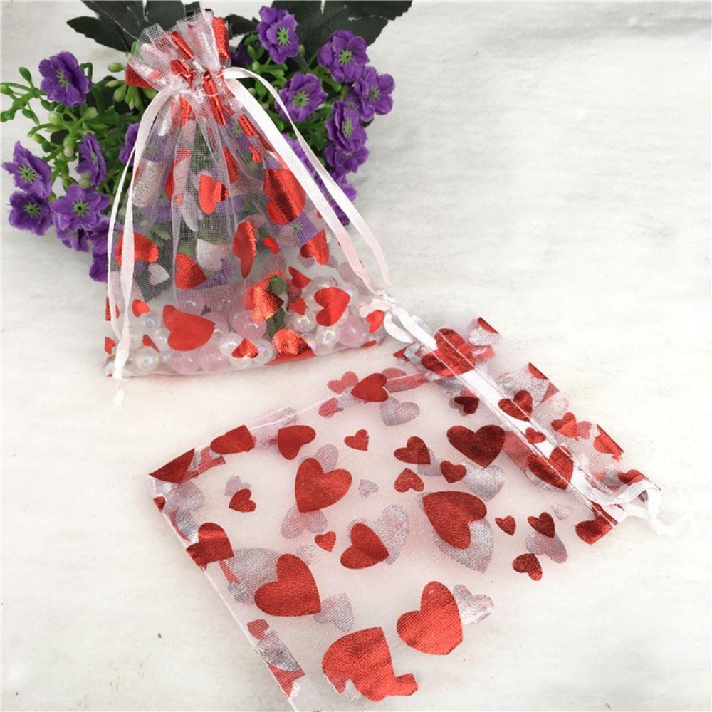 20pcs Love Heart Valentine's Day Gift Bag Drawstring Bronzing Gift Bag Mesh Candy Pouches  Wedding