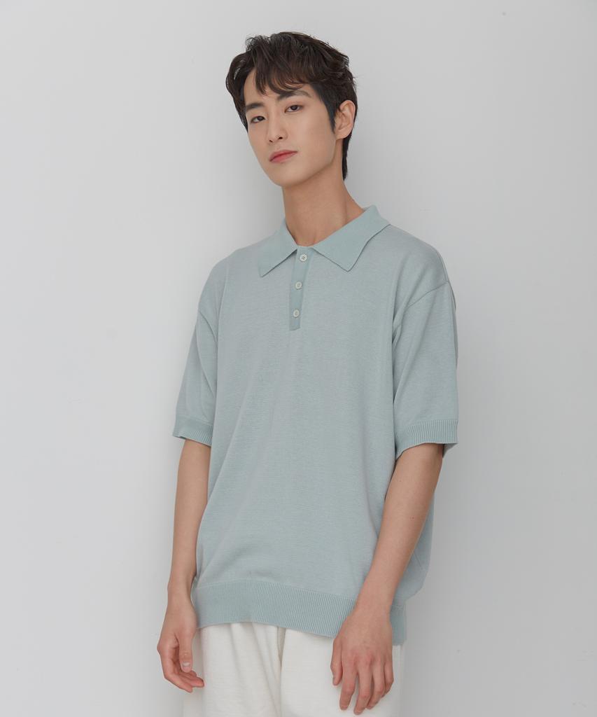 TESTAMENT Button Collar Short Sleeve Knit (Mint Grey)