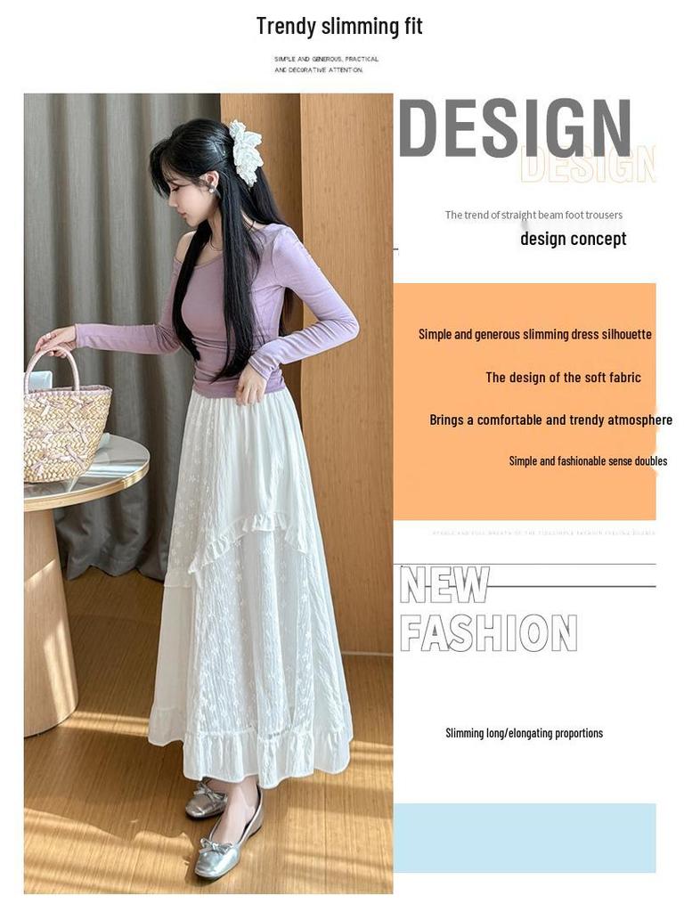 Women's White Lace Ruffled Midi A-line Cake Skirt - 2026 Spring/Summer