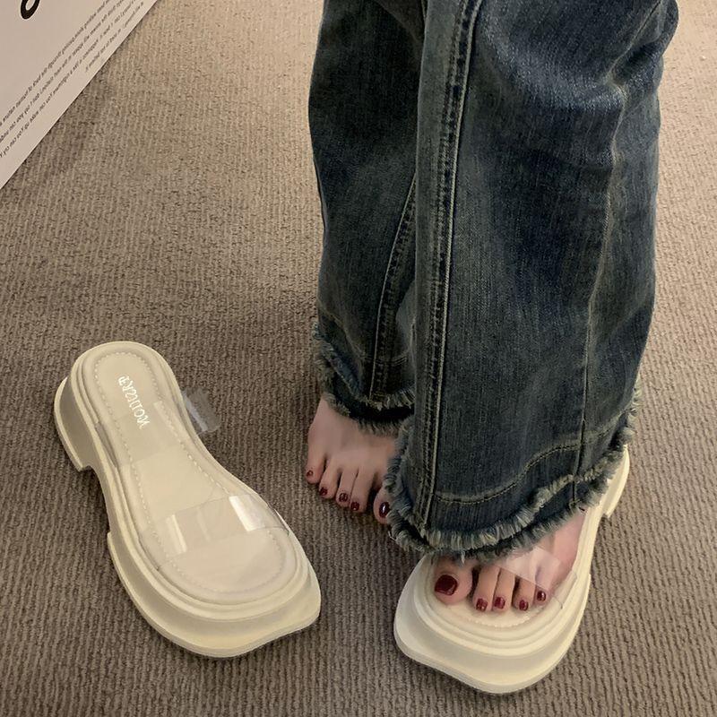 Muffin thick-soled wedge slippers women's summer wear small versatile fashionable transparent sandals with high-heeled sandals